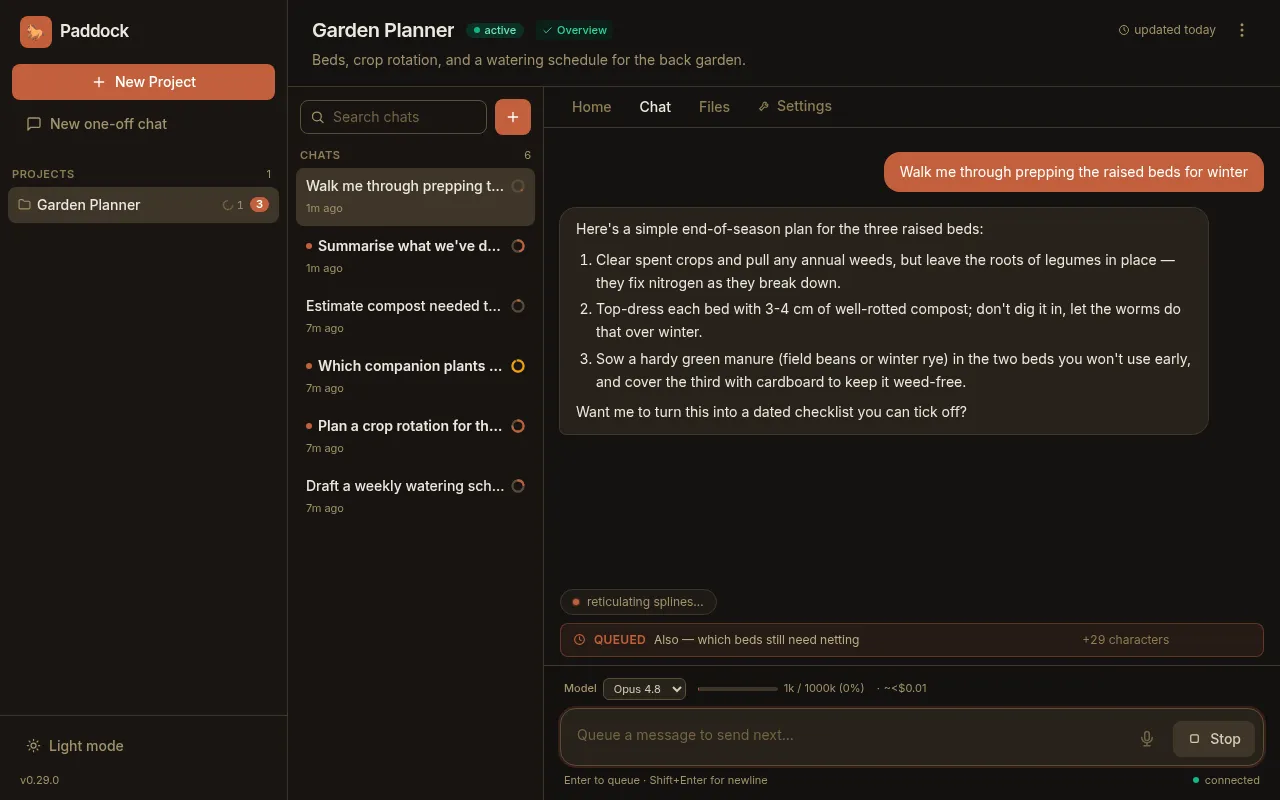 A chat mid-stream: the agent is working with a Stop button showing, and a queued follow-up message sits in the bar above the composer