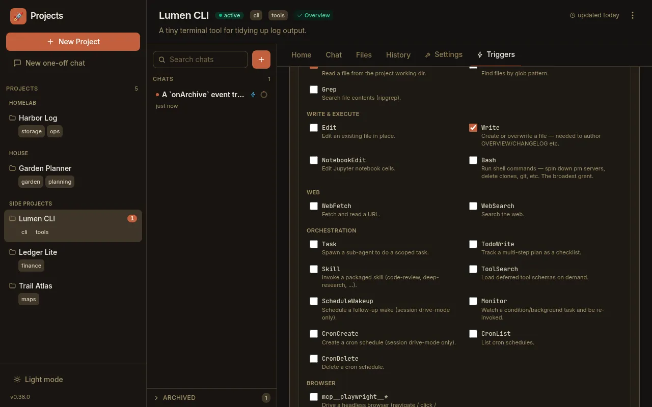 The Triggers tab capability picker: grouped tool checkboxes (Read, Write & execute, Web, Orchestration, Browser) with Write checked