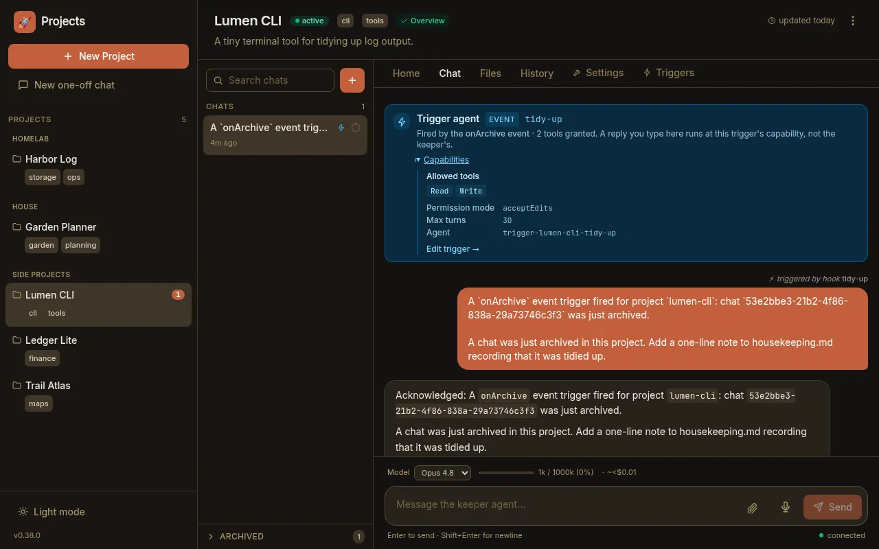 A hook chat: the ⚡ badge in the sidebar, and the capability banner naming the onArchive event, the granted tools, permission mode, max turns, and agent