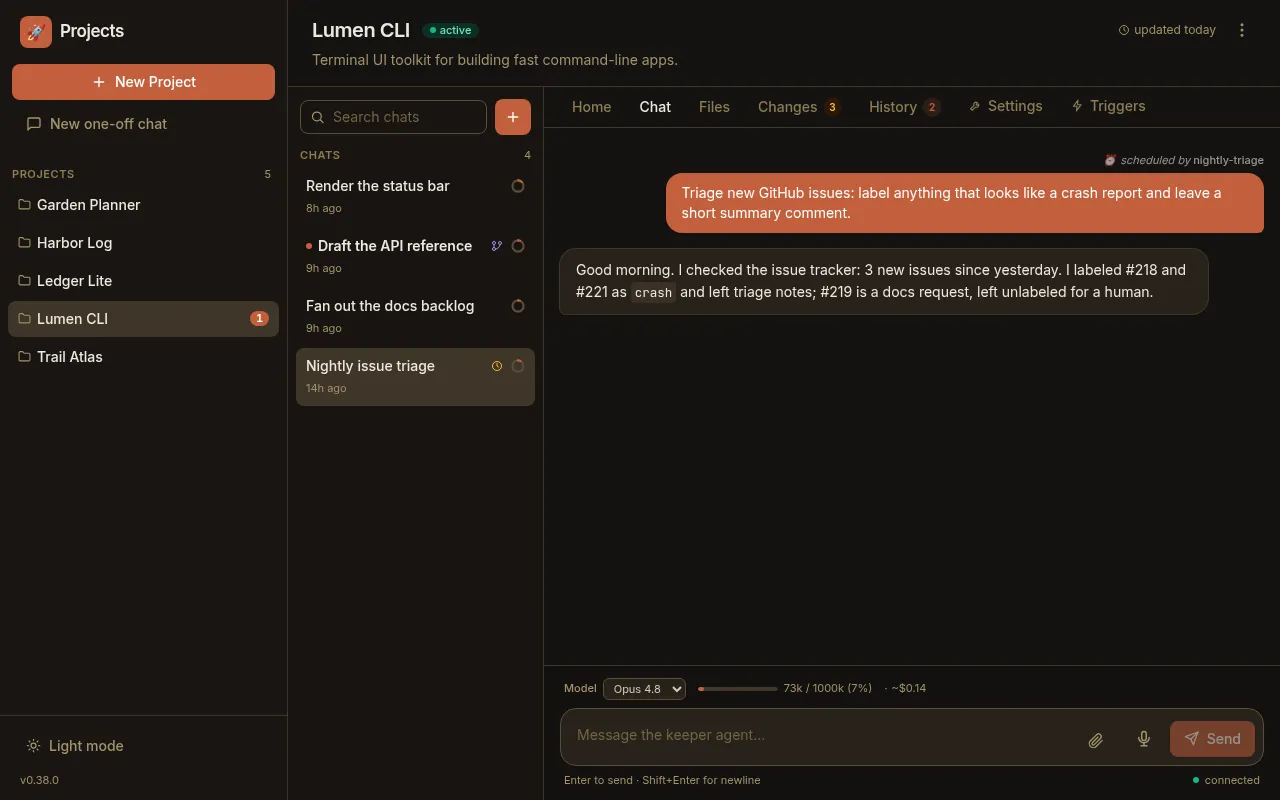 A scheduled chat whose first user message carries a '⏰ scheduled by nightly-triage' attribution line above the bubble