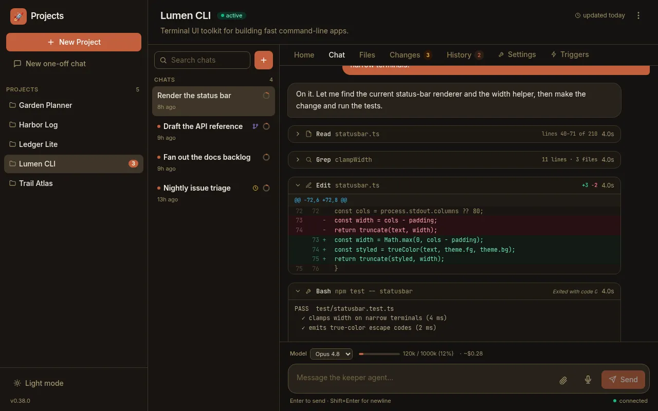 An expanded Edit tool block showing a git-style diff with real file line numbers and red/green +/− lines, above an expanded Bash block showing its command output