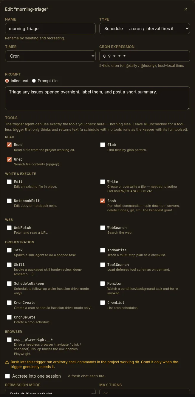 The schedule editor showing type, timer, cron expression, prompt, and the tool capability picker