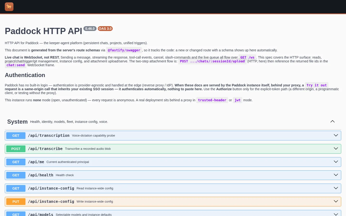 The generated Swagger UI reference mounted at /open-api, listing the System routes